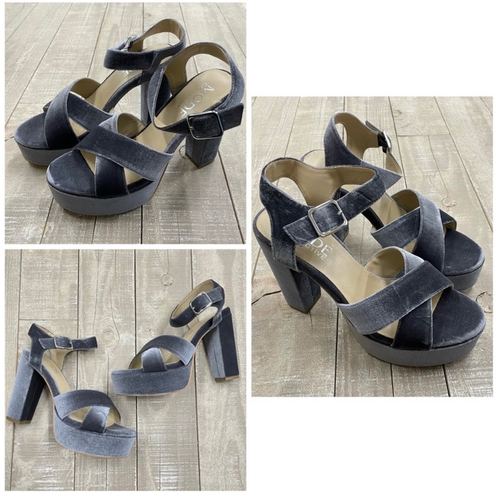 NIB: MODE COLLECTIVE Podium Platform Heel Sandal in Charcoal Velvet Size 40 (EU)